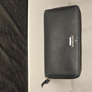 kate spade Black Pebbled Leather Zip-Around Wallet with Gold Hardware
